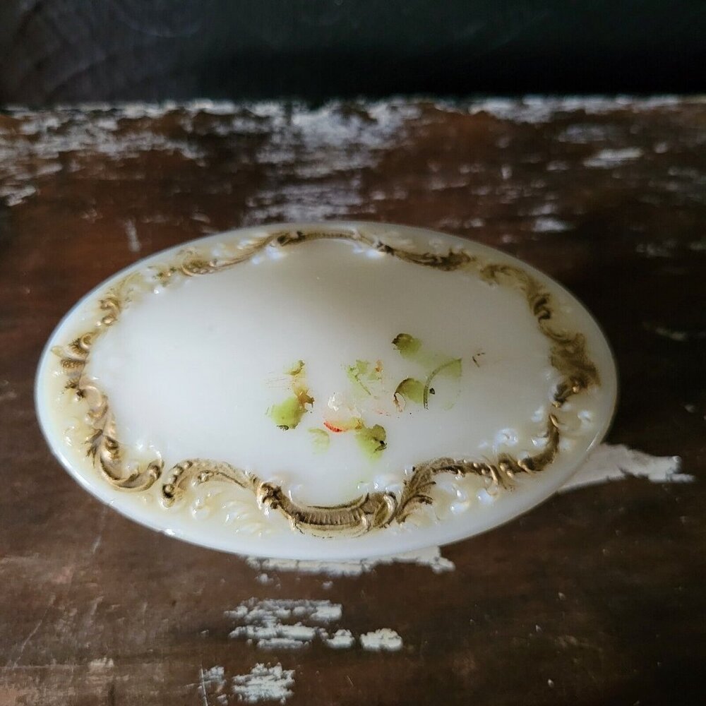 Antique Milk Glass Dresser Vanity Box With Embossed Gold Detailing - Small Hairp